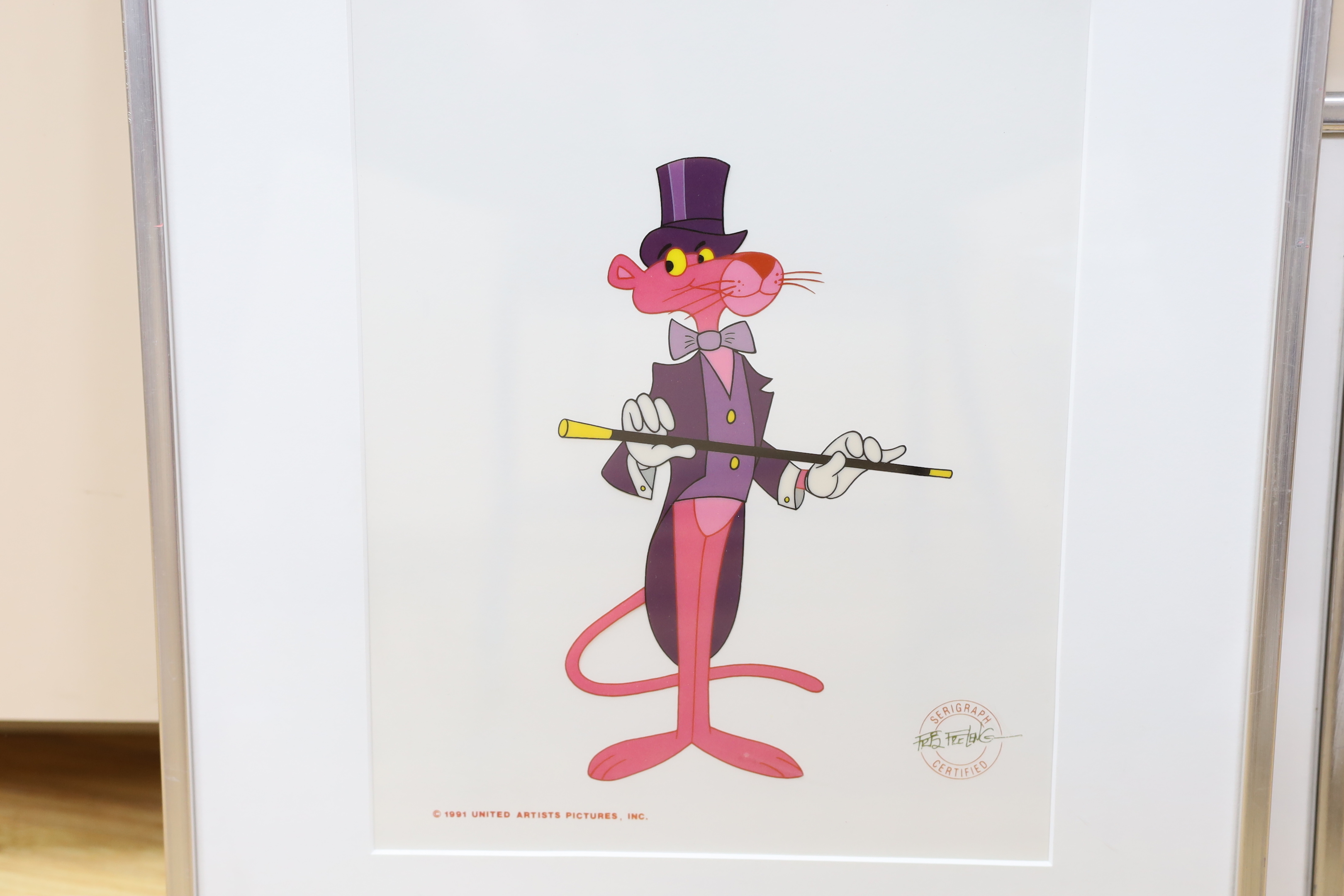 Two American film celluloids, comprising The Pink Panther signed by Friz Freleng and Roger Rabbit, signed by Gary Kay Wolf, details verso, largest 29 x 23cm